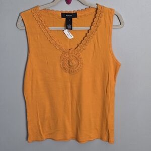 Falls Creek Ladies' Notch Neck Orange Tank with Crochet Neckline. 
